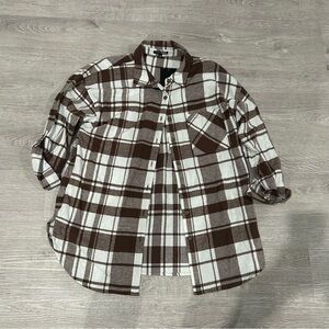 Brown and White Plaid Button-Up Shirt